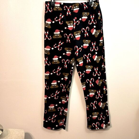 Christmas Holiday Black Red Pjs Fleece Pajama Pants Candy Canes Poop Emoji - Picture 1 of 7